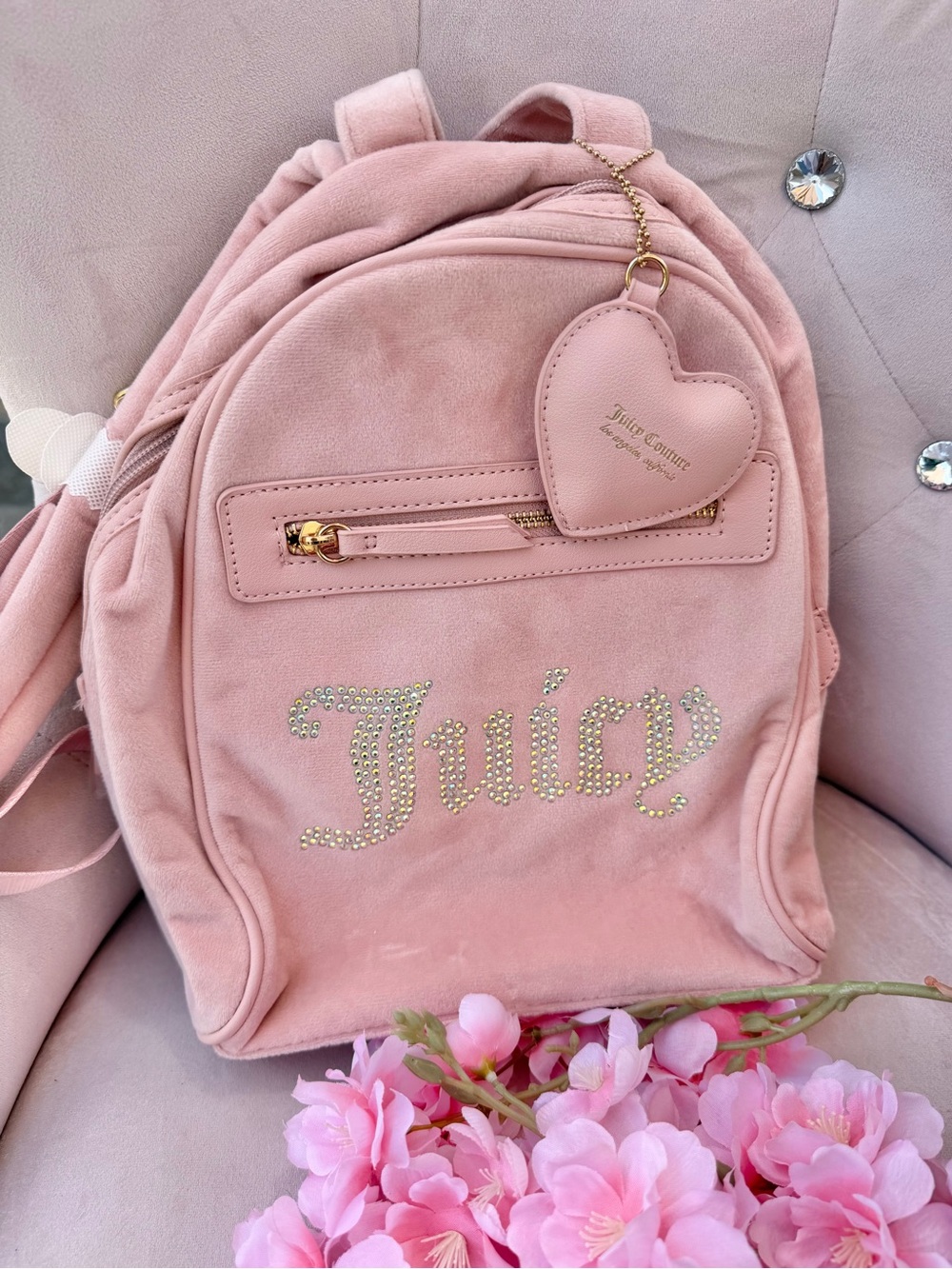 Juicy Couture Blush Pink Velvet Mini Backpack with Heart Charm